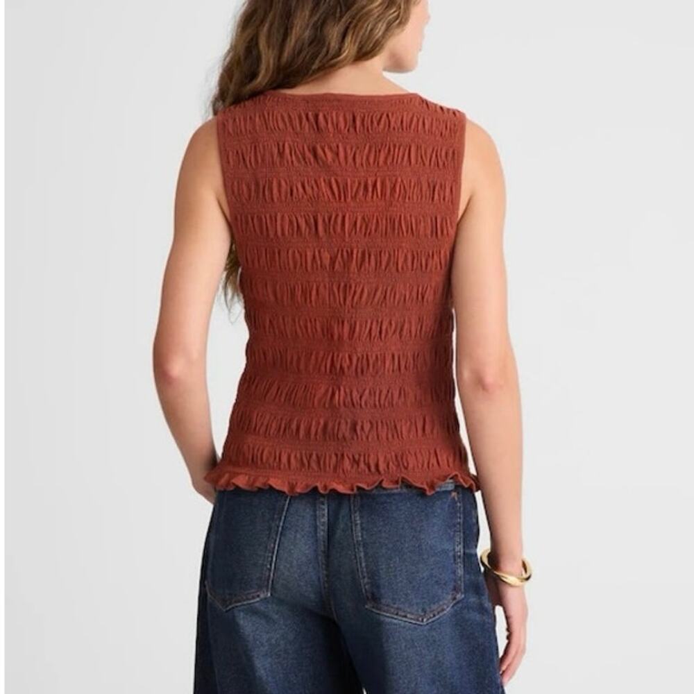 NWT Madewell Smocked Boatneck Tank Cotton-Linen Blend Henna Rust Size Large - Picture 2 of 9